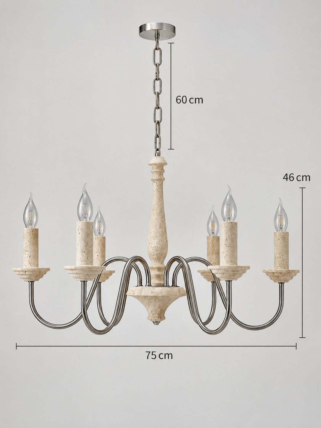 Travertine Candle Chandelier with Silver-Tone Arms — product view 4