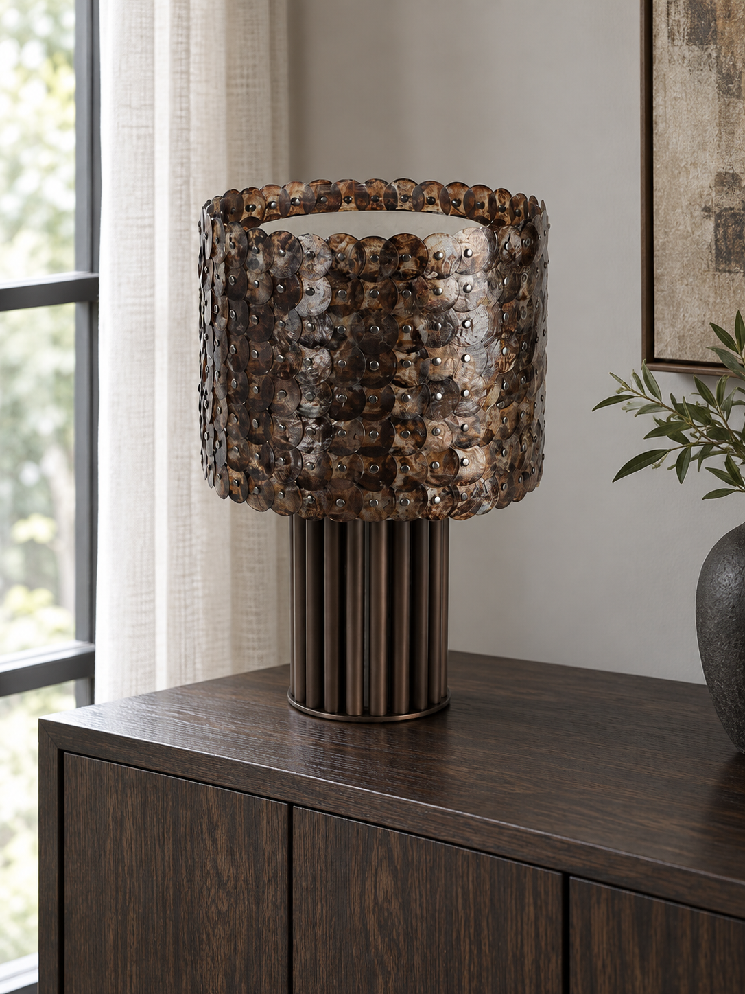 Coffee shell mosaic table lamp switched off, product view 2