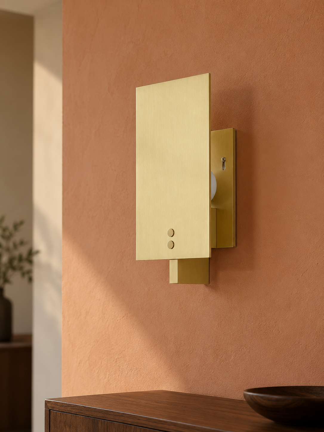 Panel Glow Copper Tone wall sconce on a terracotta hallway wall
