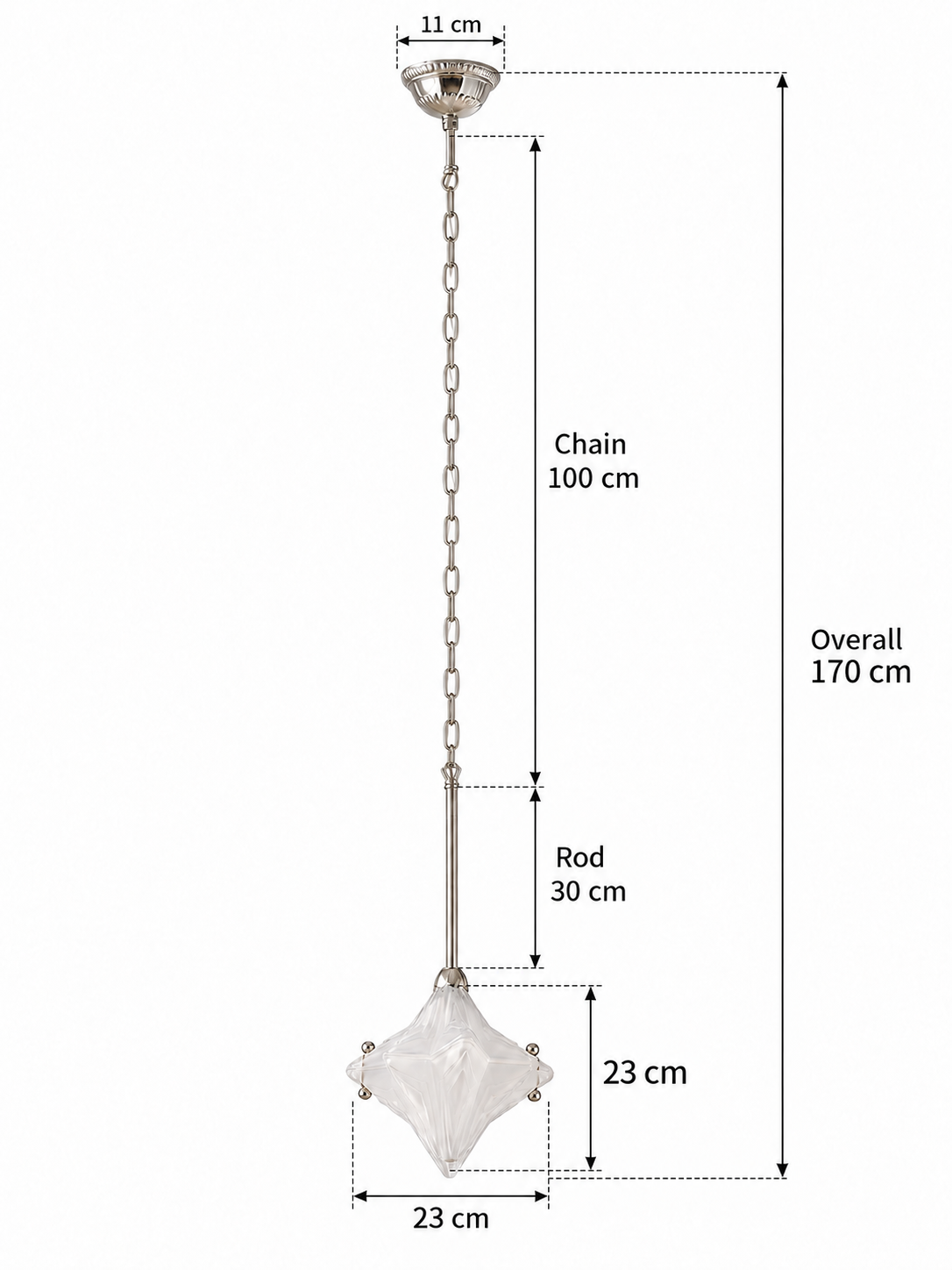 Sculpted star glass chain pendant — silver dimensions