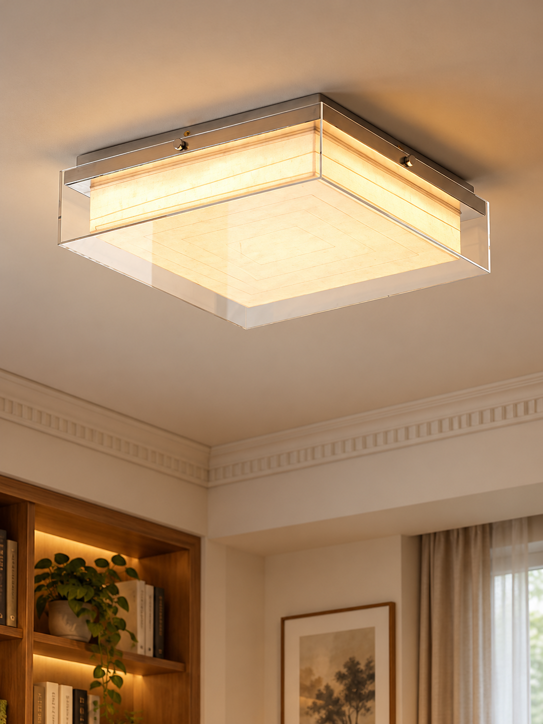 40 cm square paper and acrylic ceiling light in reading room