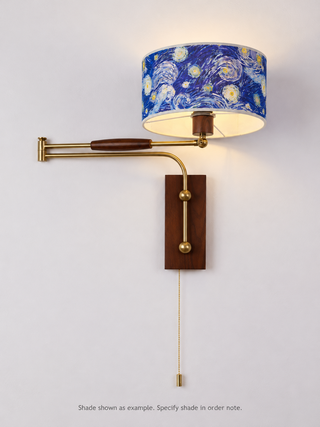 Shade specified in order note swing-arm wall light, Pull Chain; Starry Sky shade shown as example only, specify shade in order note