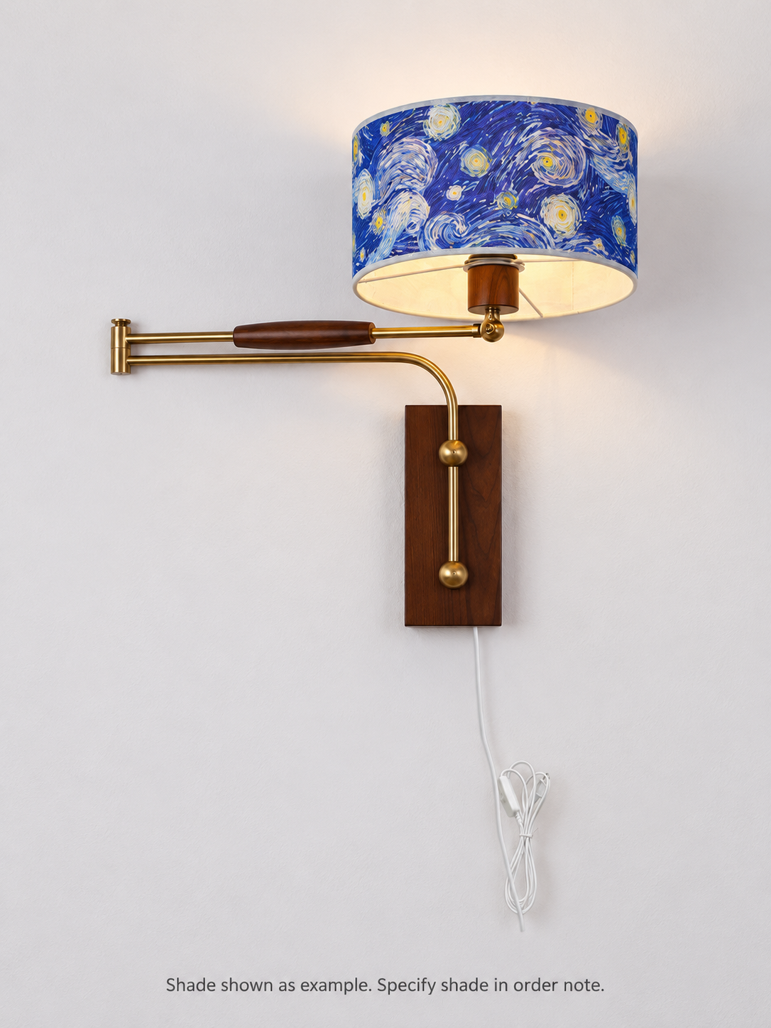 Shade specified in order note swing-arm wall light, Plug-In; Starry Sky shade shown as example only, specify shade in order note
