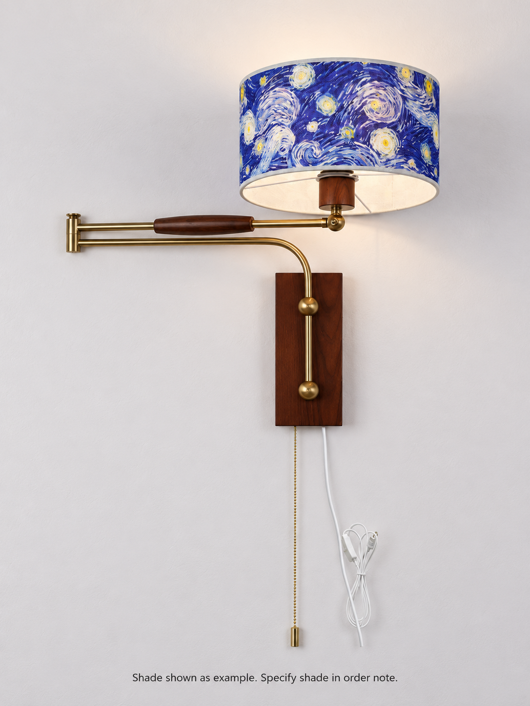 Shade specified in order note swing-arm wall light, Pull Chain + Plug-In; Starry Sky shade shown as example only, specify shade in order note