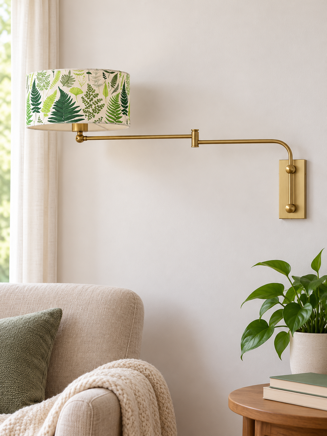 Fern-print swing-arm wall lamp in a daylight reading corner