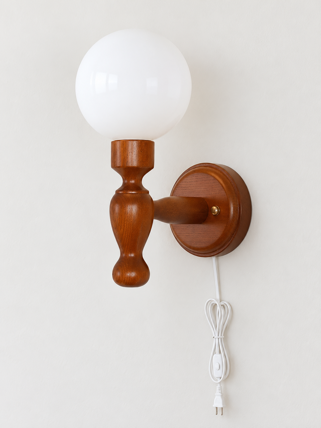White Glass turned-wood wall sconce, plug-in