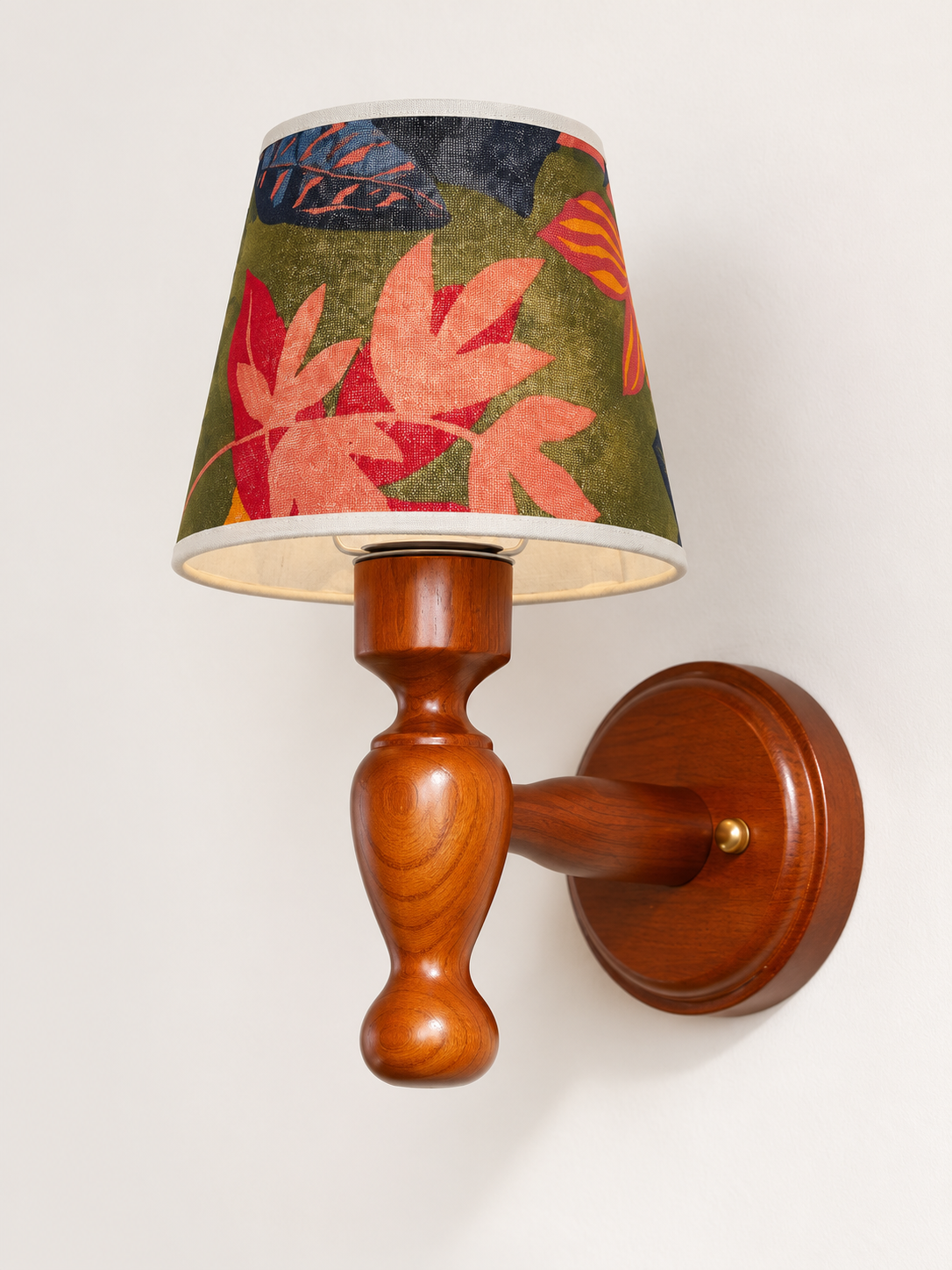 Multicolor Leaf Fabric turned-wood wall sconce, hardwired