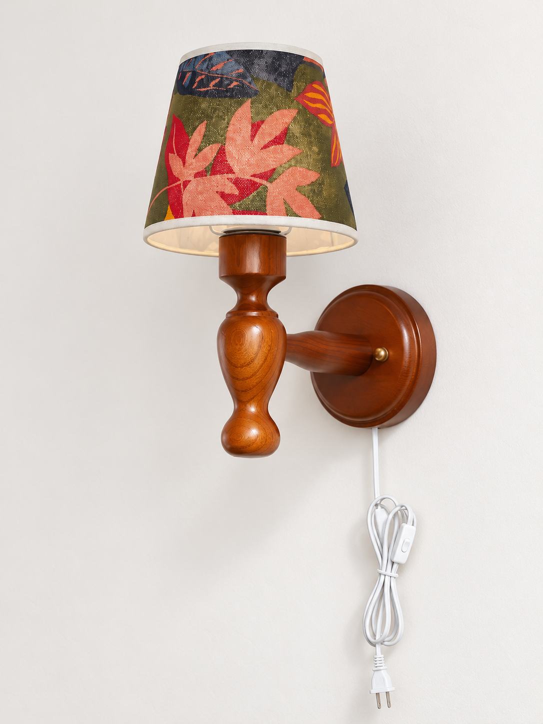 Multicolor Leaf Fabric turned-wood wall sconce, plug-in