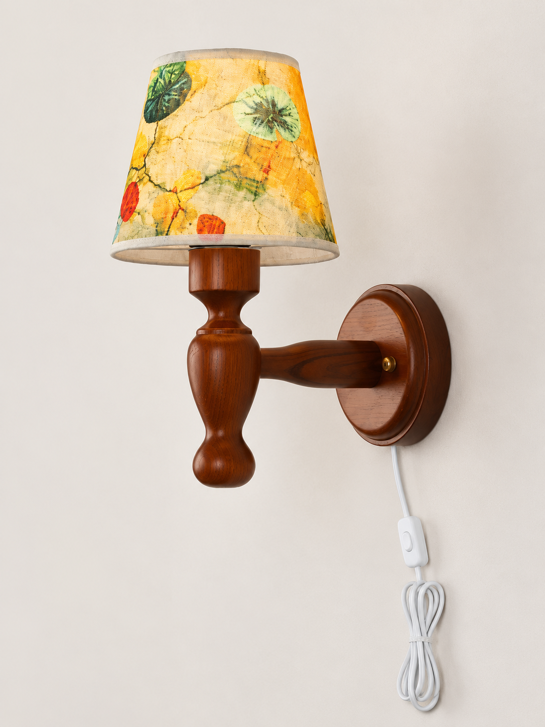 Lotus Fabric turned-wood wall sconce, plug-in