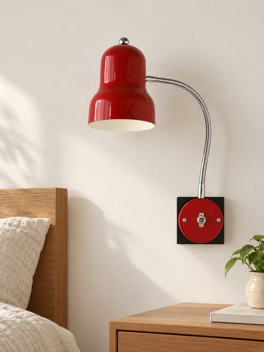 Cherry Red gooseneck wall light mounted on a bedroom wall