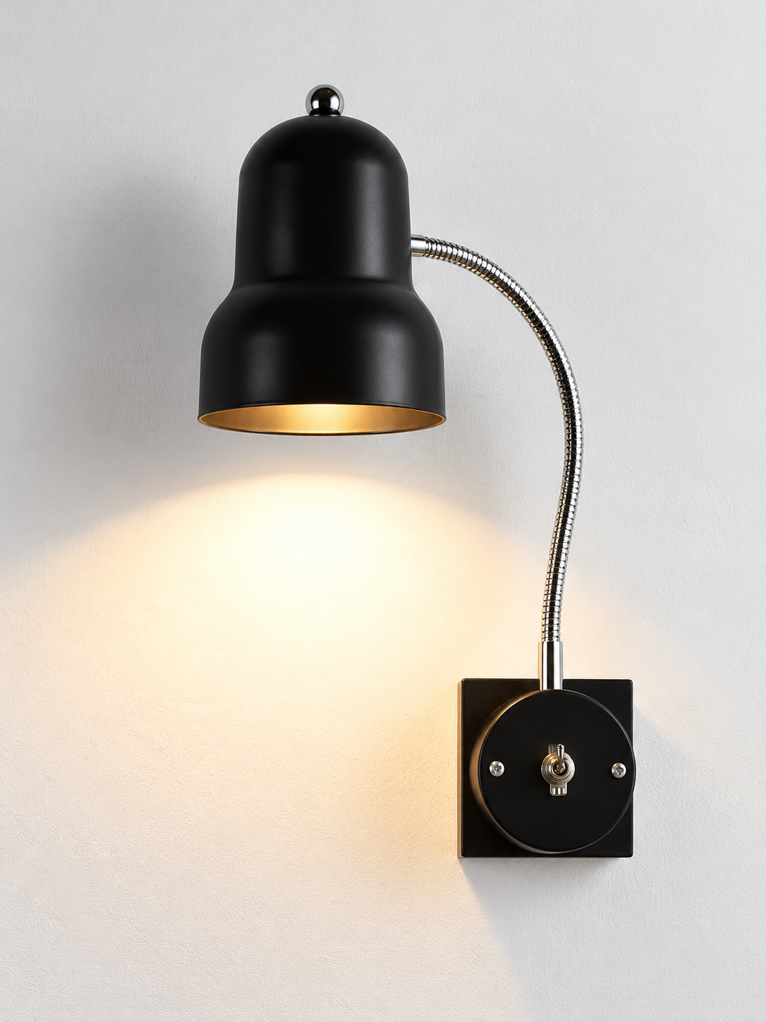 Black gooseneck wall light with Type 86 square mounting plate