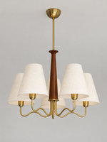 Five-light chandelier with tapered walnut-colored wood center
