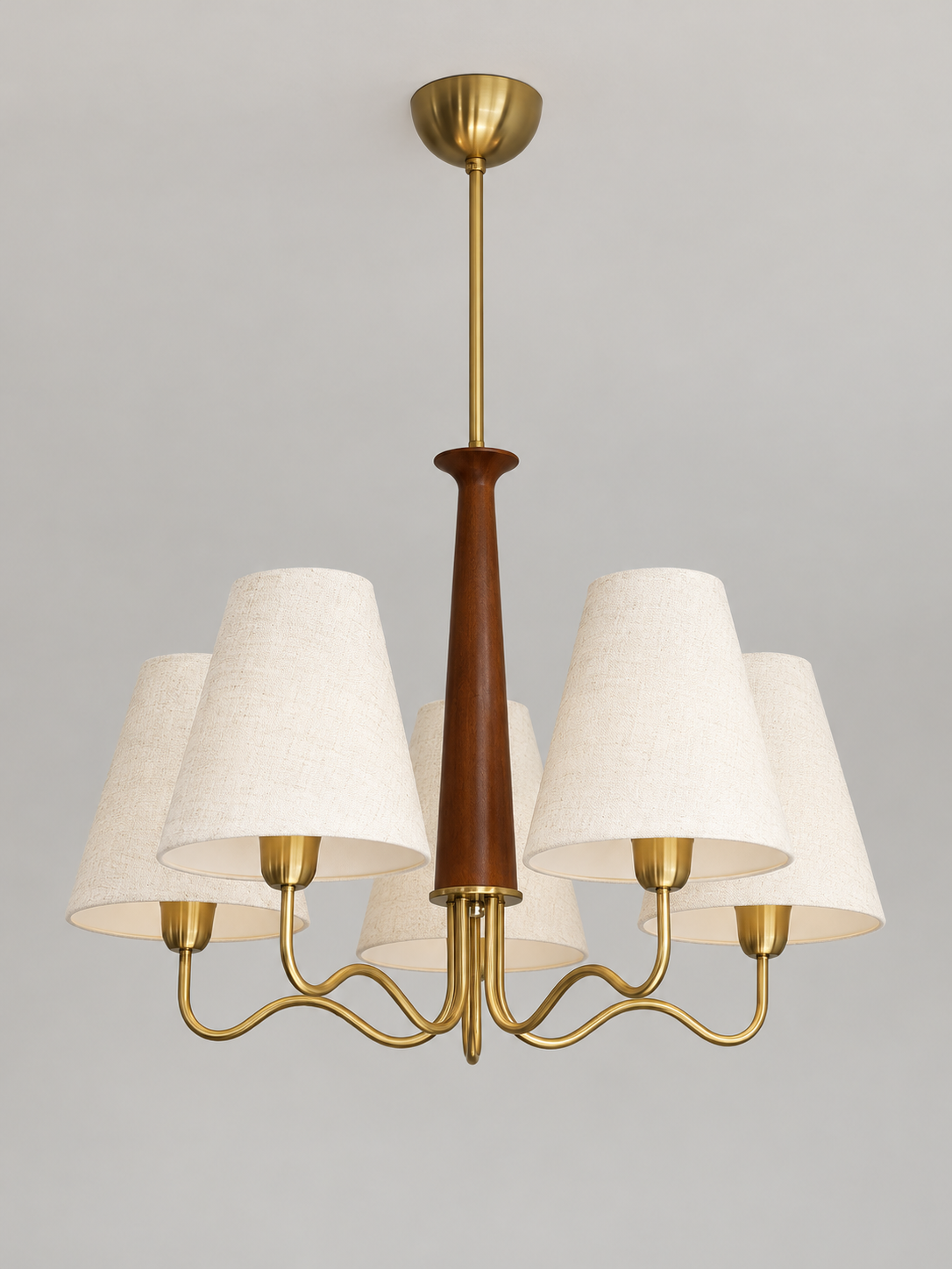 Five-light chandelier with tapered walnut-colored wood center