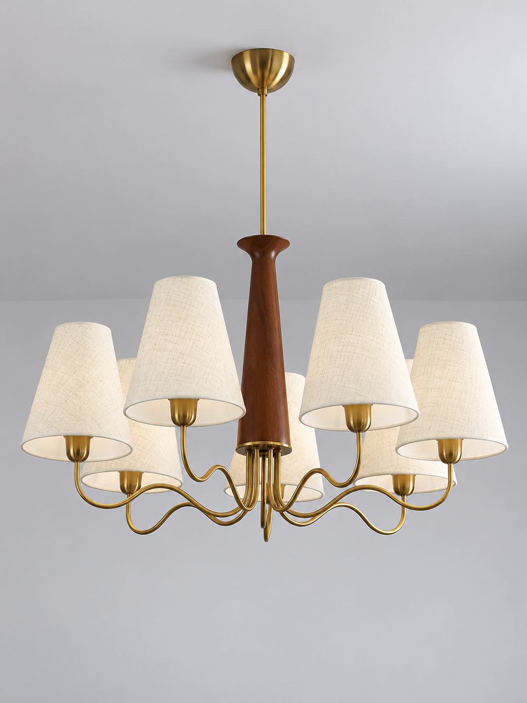 Seven-light chandelier with seven ivory fabric shades