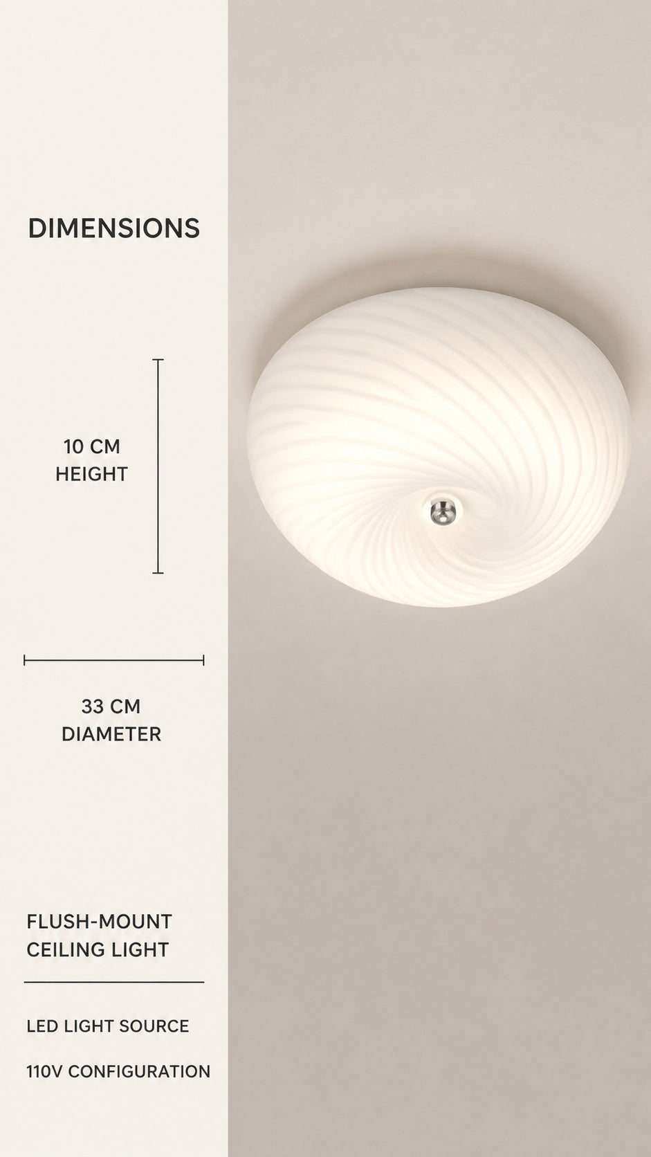 Serein Spiral Ceiling Light dimensions and 110V configuration