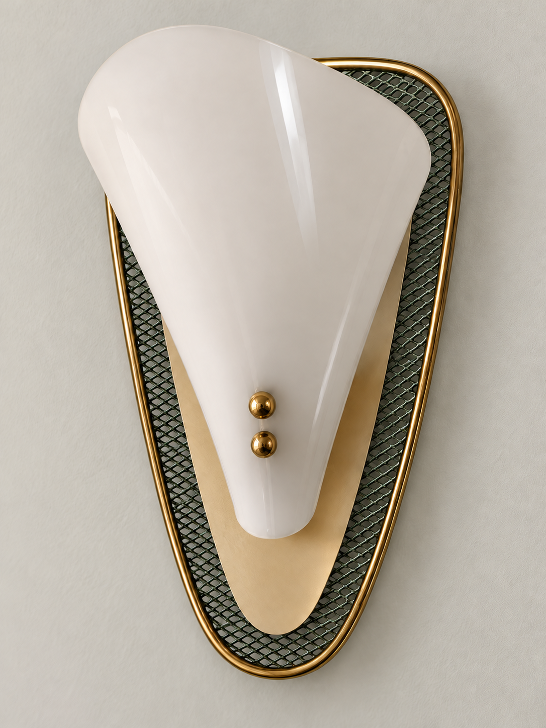 Detail of Luma Arc copper-tone frame, white acrylic diffuser and dark diamond mesh, unlit
