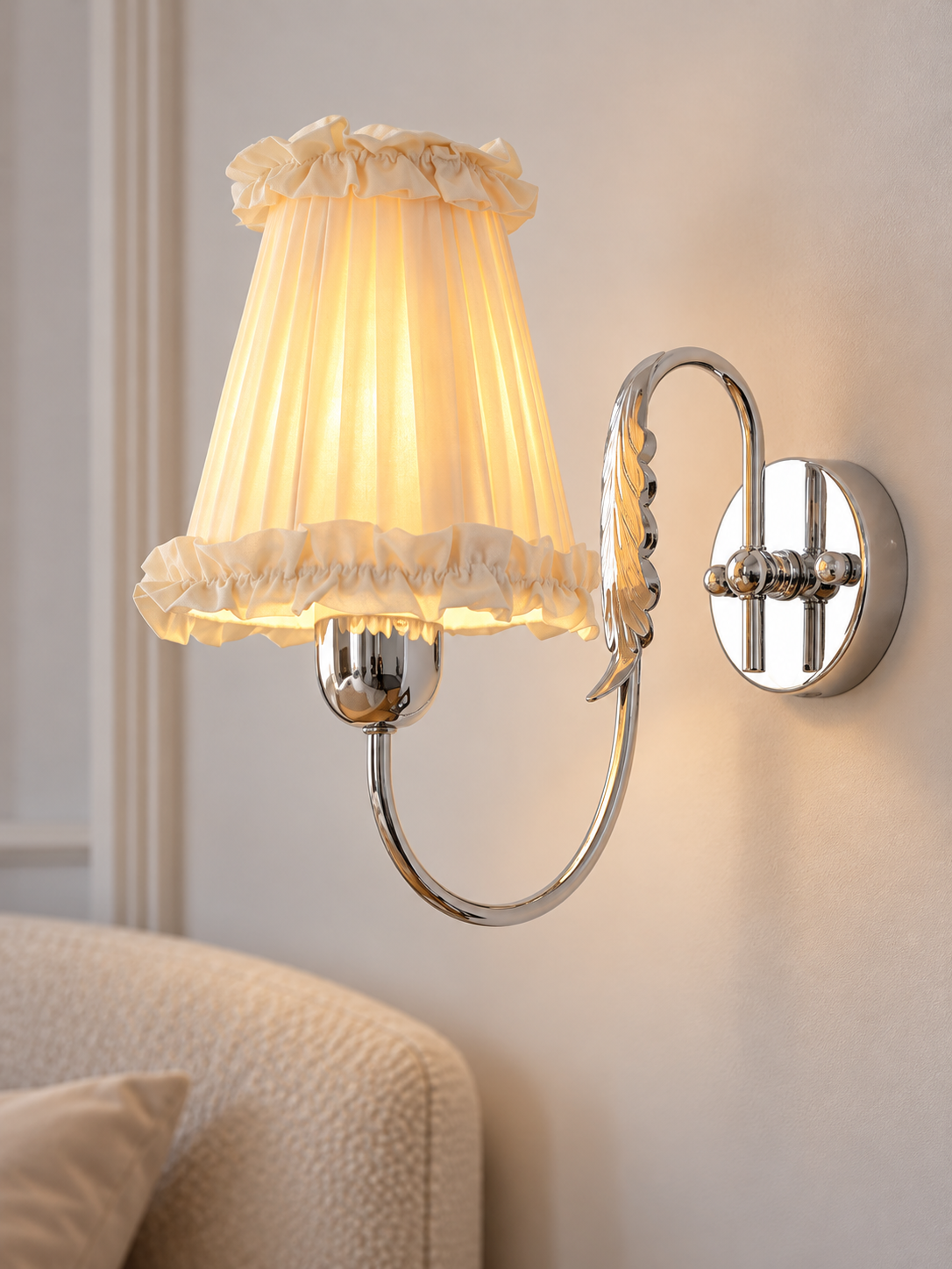 Wheat Scroll fabric wall sconce in Chrome with wall-switch control and an ivory pleated shade