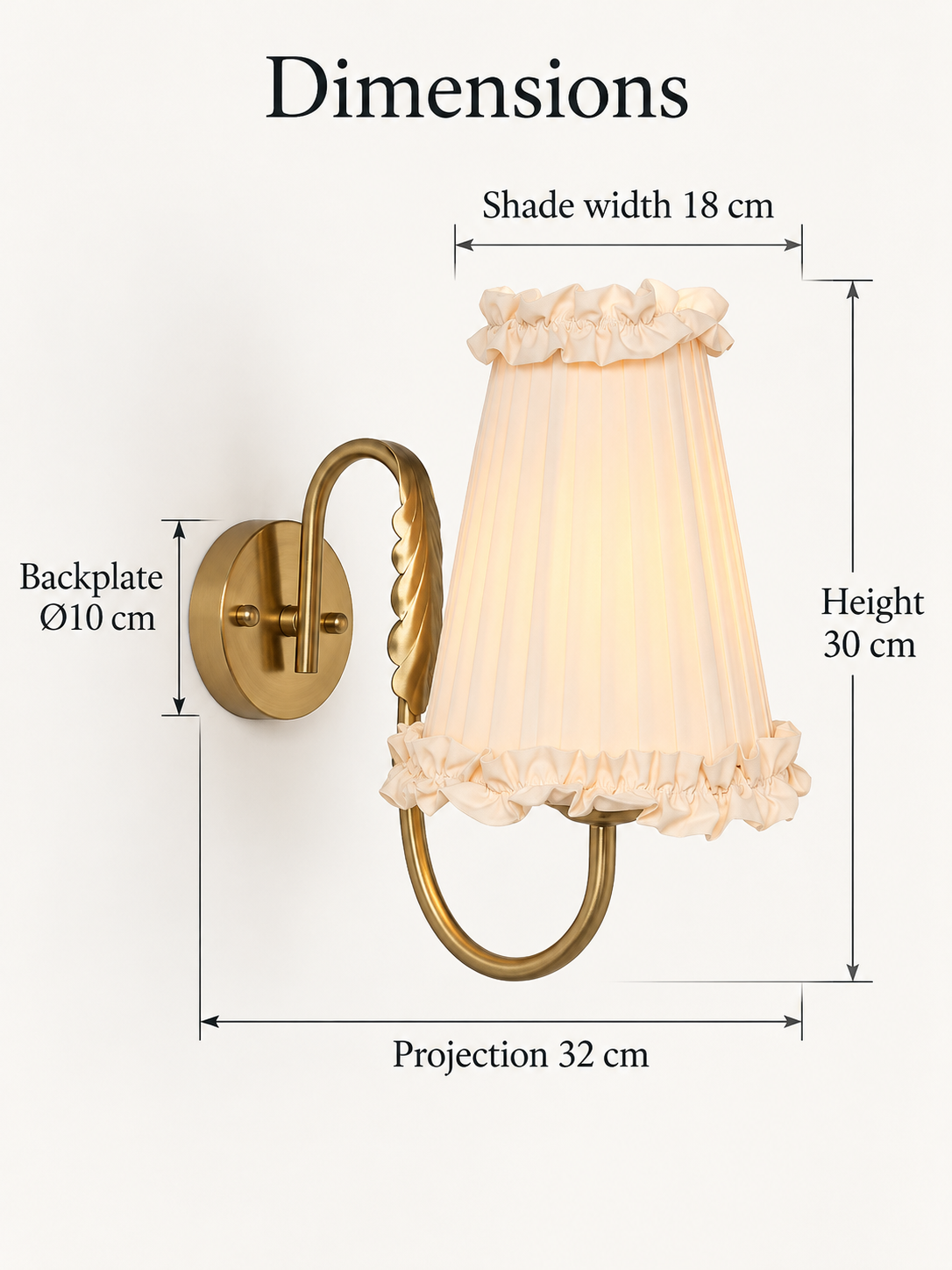 MB3412 dimensions: height 30 cm, shade width 18 cm, projection 32 cm and backplate diameter 10 cm
