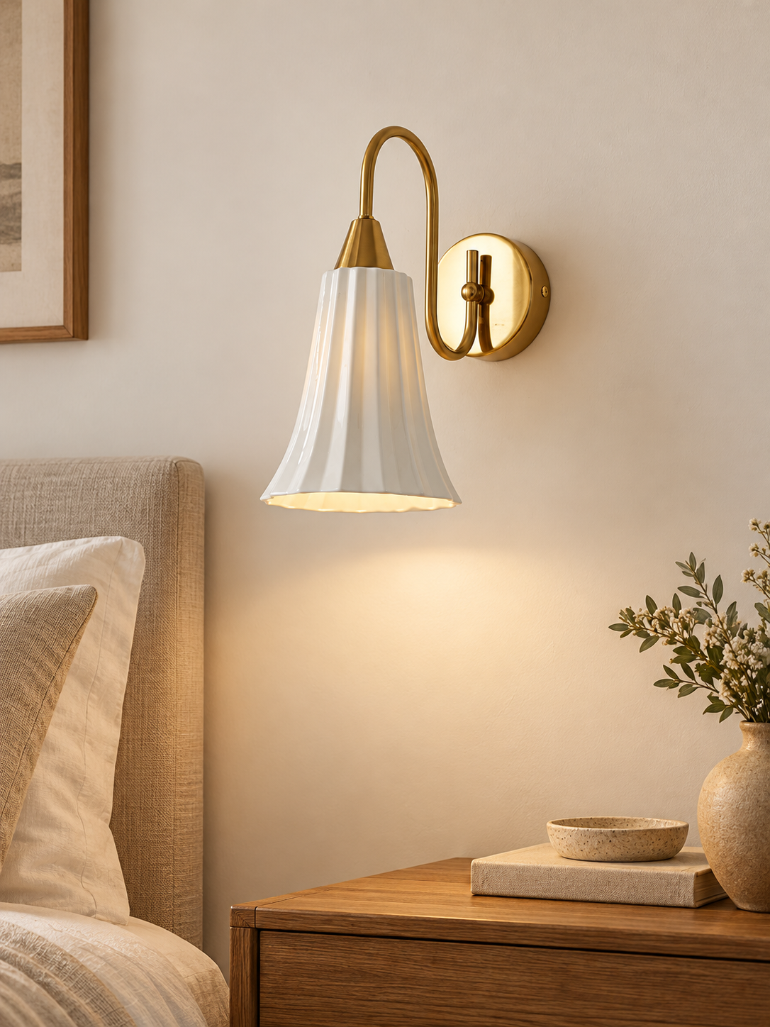 MB3459 white fluted ceramic bell wall sconce, Copper Tone / Hardwired