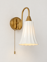 MB3459 white fluted ceramic bell wall sconce, Copper Tone / Pull Chain