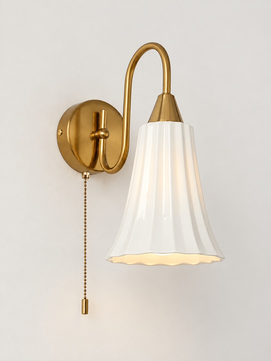 MB3459 white fluted ceramic bell wall sconce, Copper Tone / Pull Chain