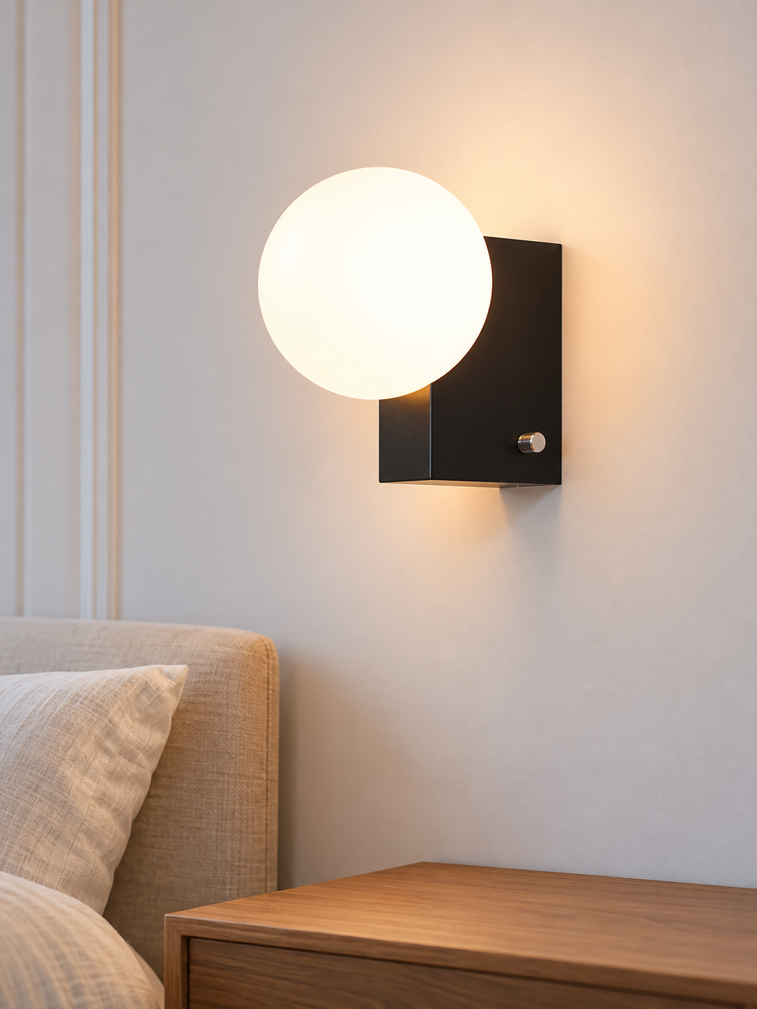 Black opal-globe wall sconce above a bedside table