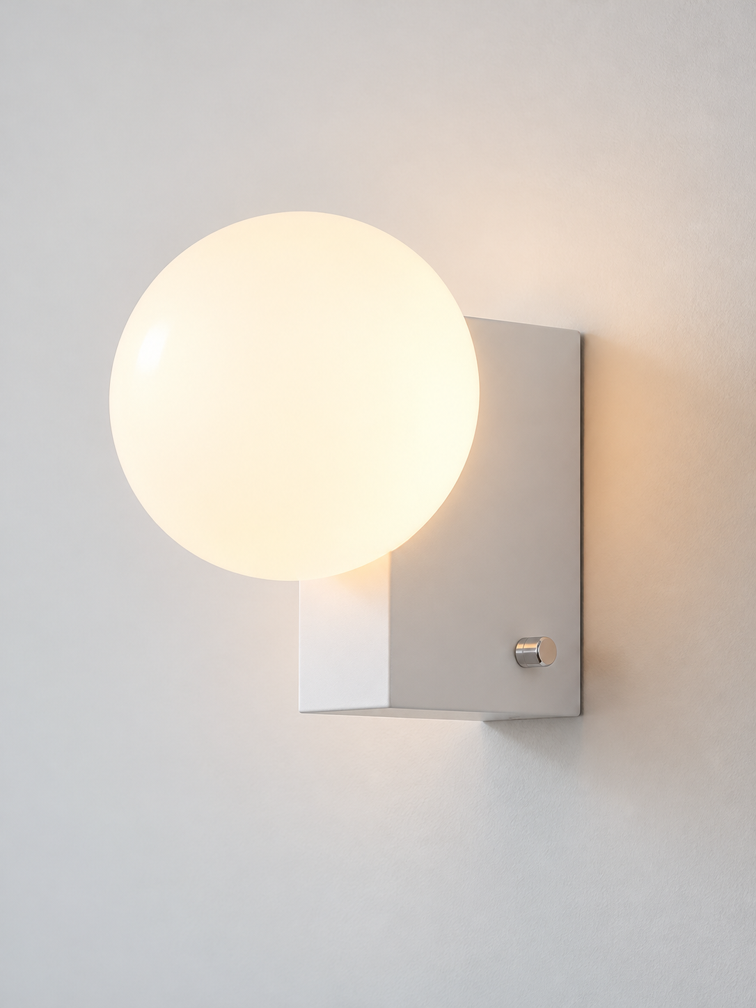 MB3645 white metal wall sconce with opal glass globe and rotary switch