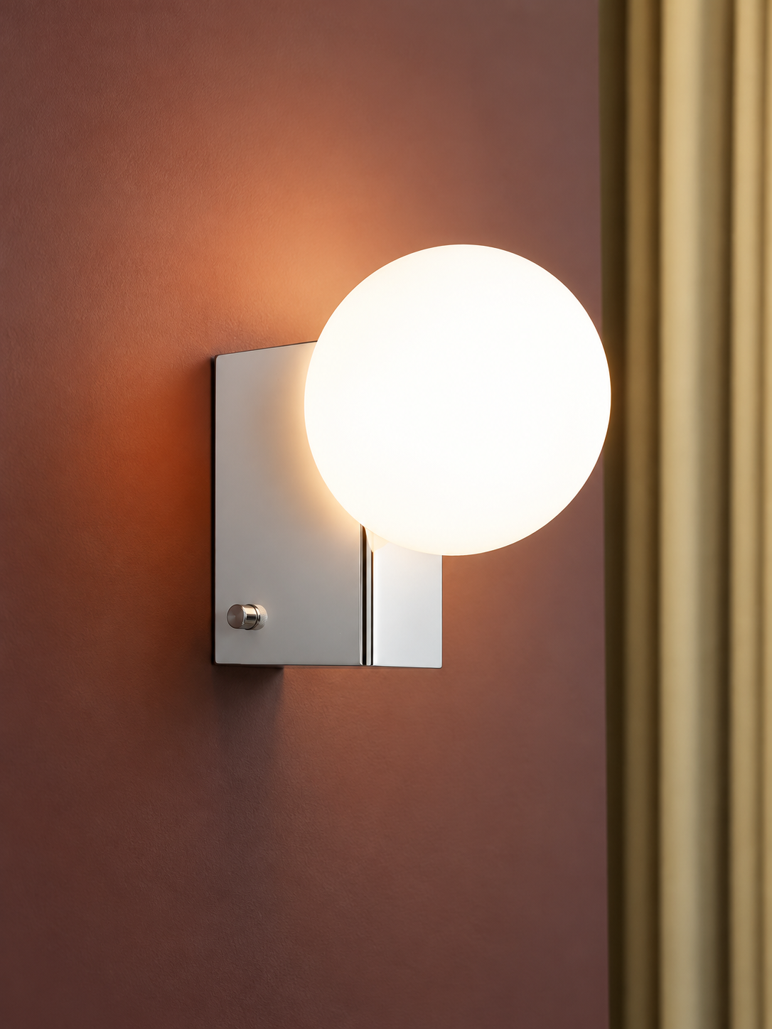 MB3645 chrome wall sconce with opal glass globe and rotary switch