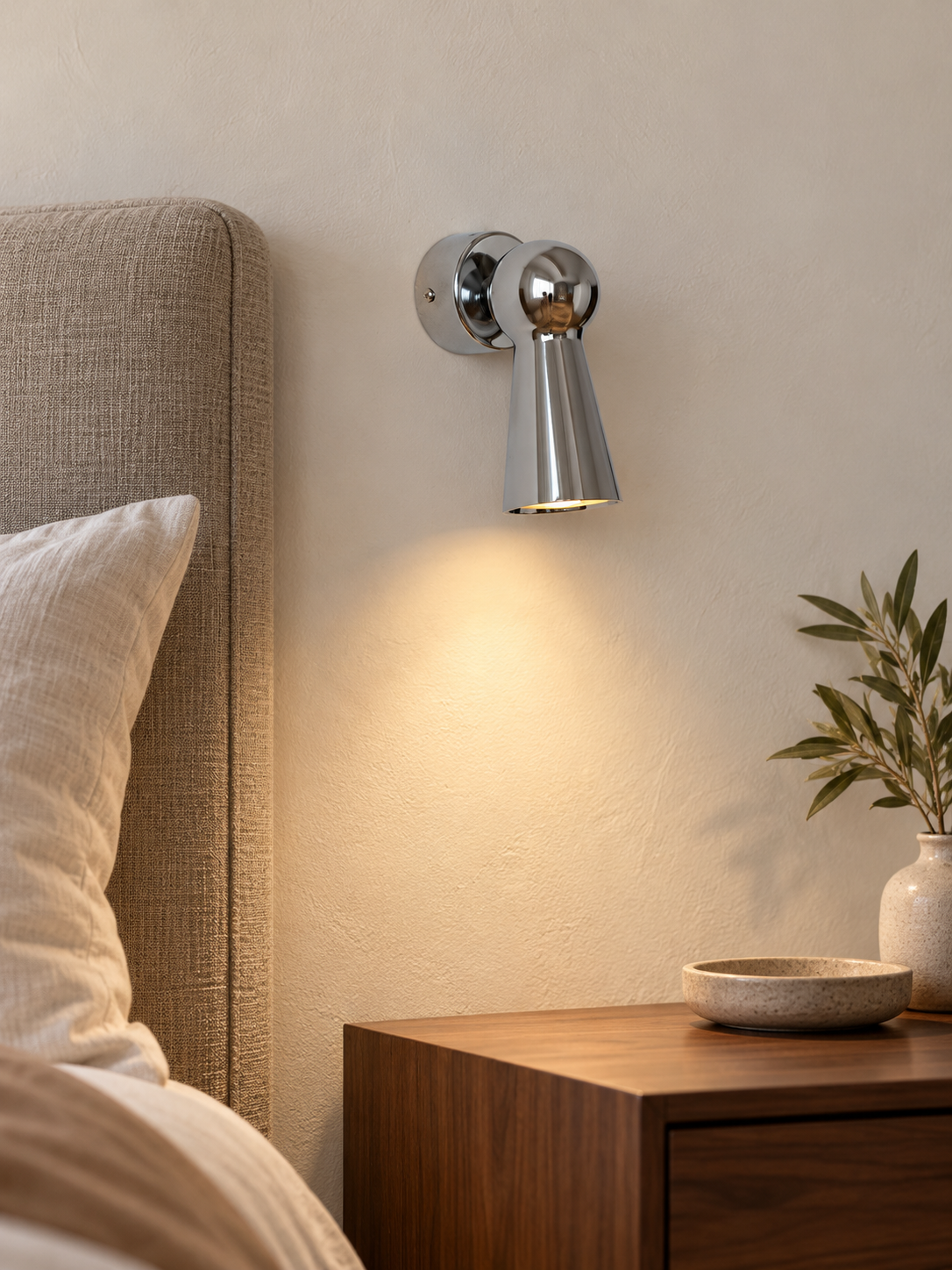 Chrome Cone Wall Spotlight beside a linen headboard