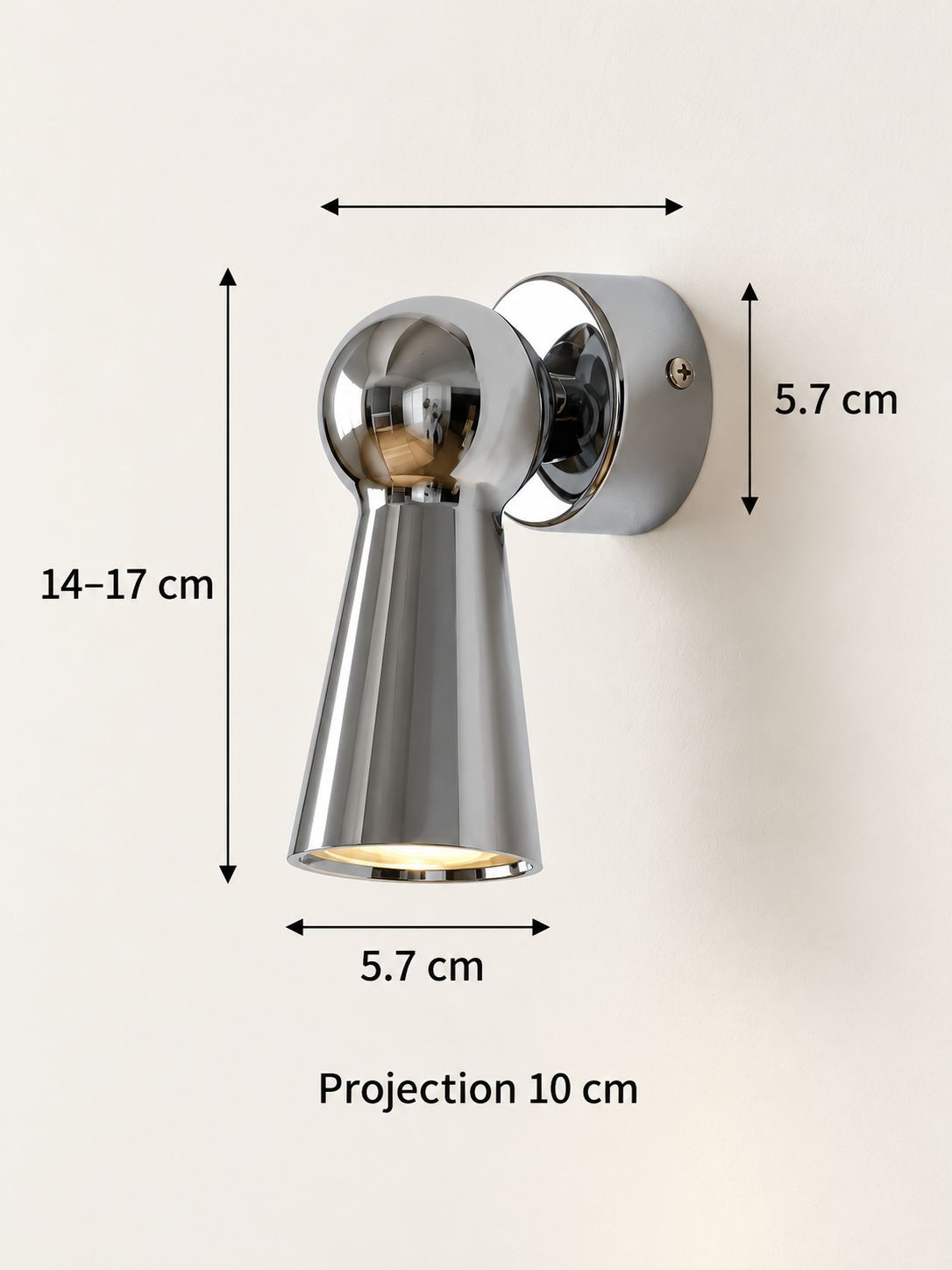 Wall spotlight dimensions: 14–17 cm height, 5.7 cm diameters and 10 cm projection