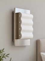 Chrome and white Wave Frame wall sconce shown unlit in daylight