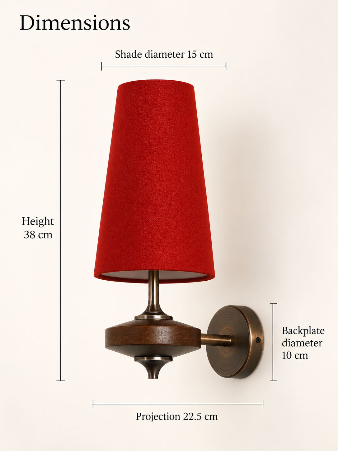 Wall sconce dimensions: height 38 cm, shade diameter 15 cm, projection 22.5 cm, backplate diameter 10 cm