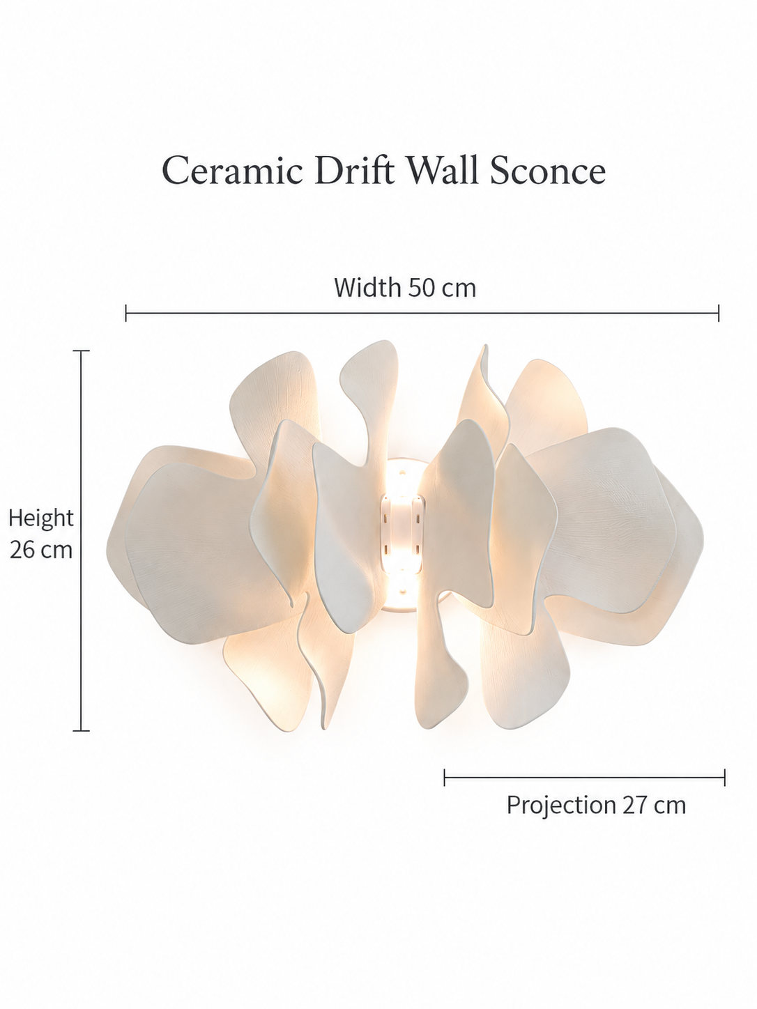 Ceramic Drift wall sconce dimensions: 50 cm wide, 26 cm high and 27 cm projection