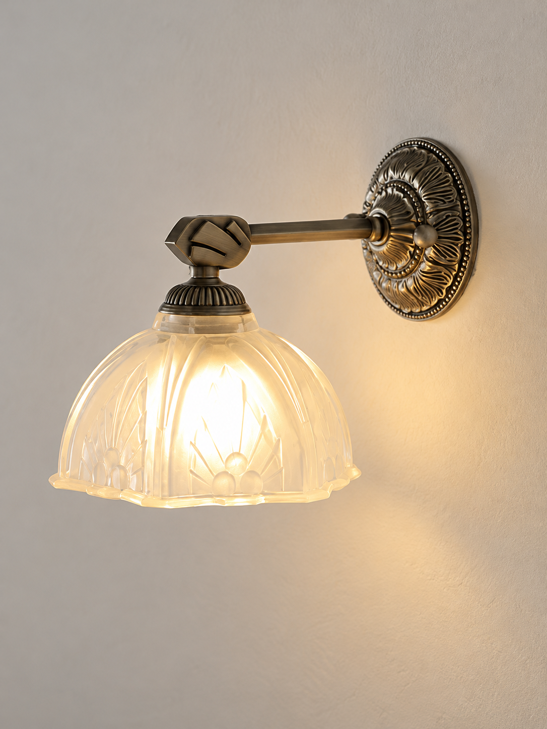 Floral glass wall light, Antique Silver, Downward Shade