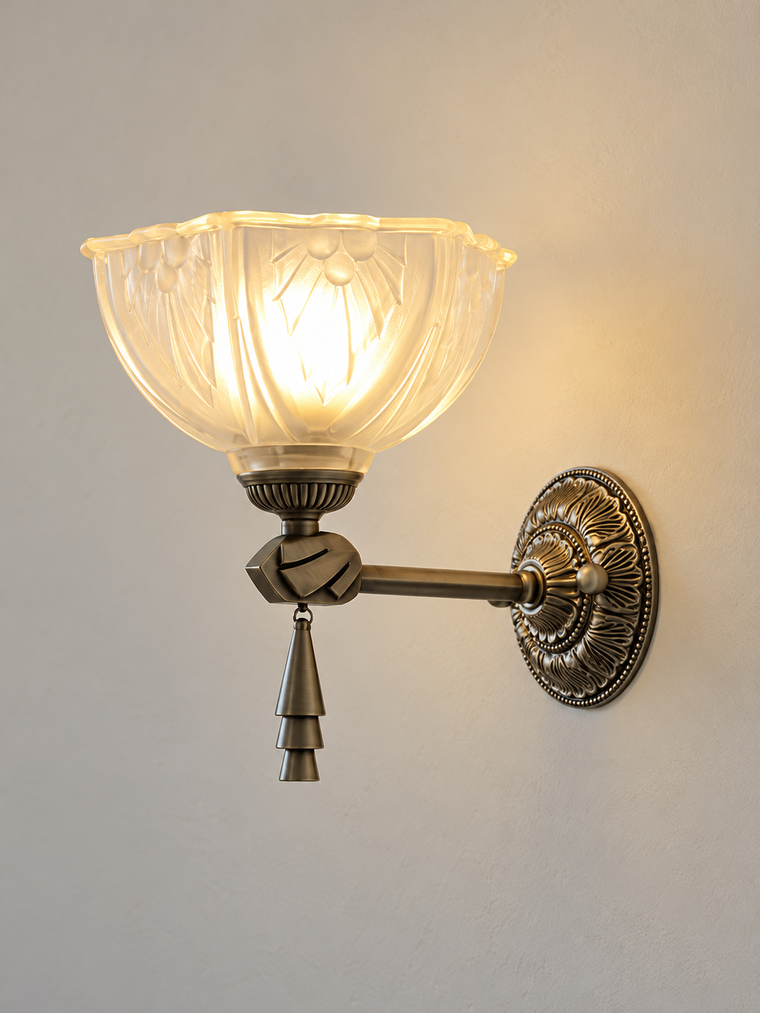 Floral glass wall light, Antique Silver, Upward Shade with Finial