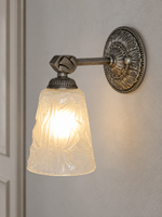 Antique-silver etched glass medallion wall sconce without drop ornament, shade facing down