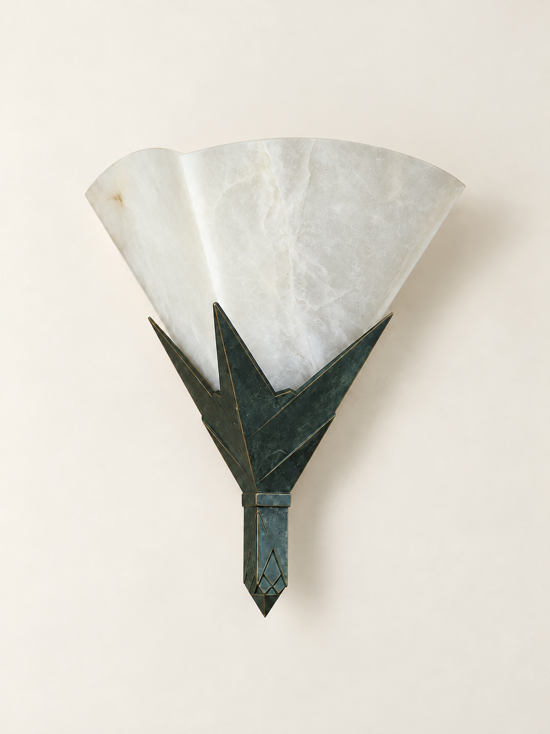 Unlit white marble fan shade and antique bronze-tone angular metalwork