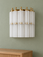 Frosted White fluted-glass wall sconce unlit on a sage wall