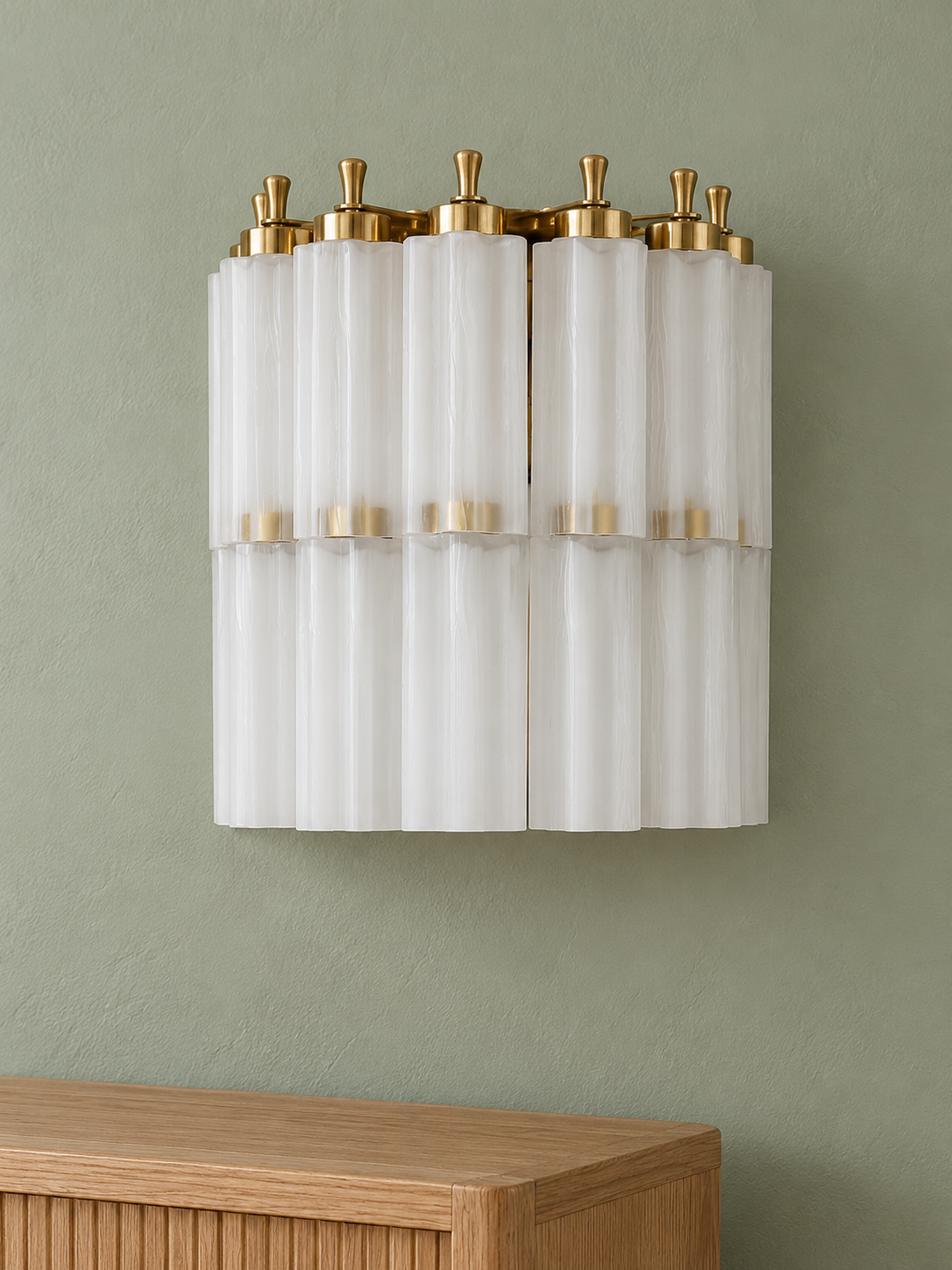 Frosted White fluted-glass wall sconce unlit on a sage wall