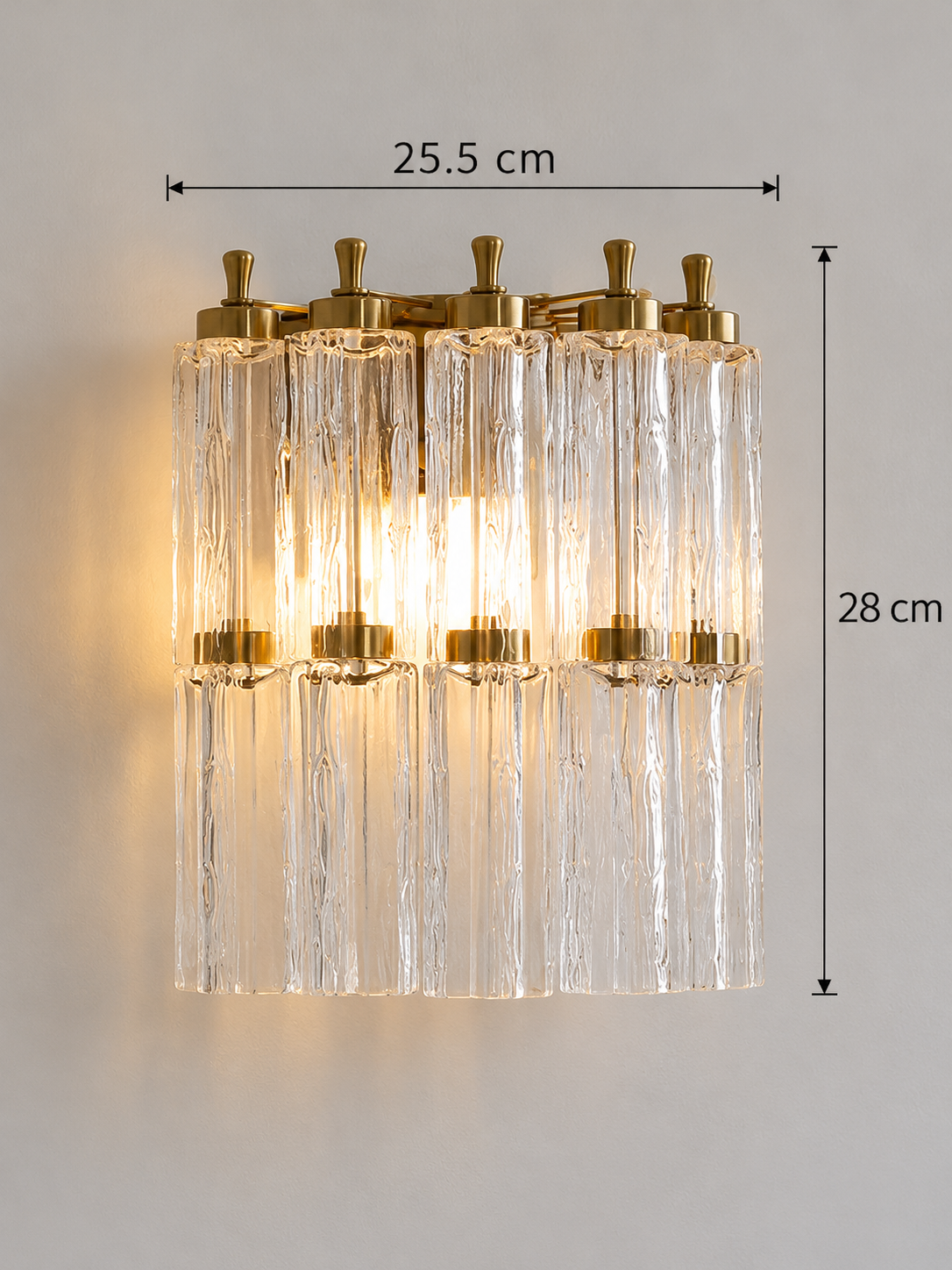 Fluted Glass Column Wall Sconce dimensions: 25.5 cm wide and 28 cm high