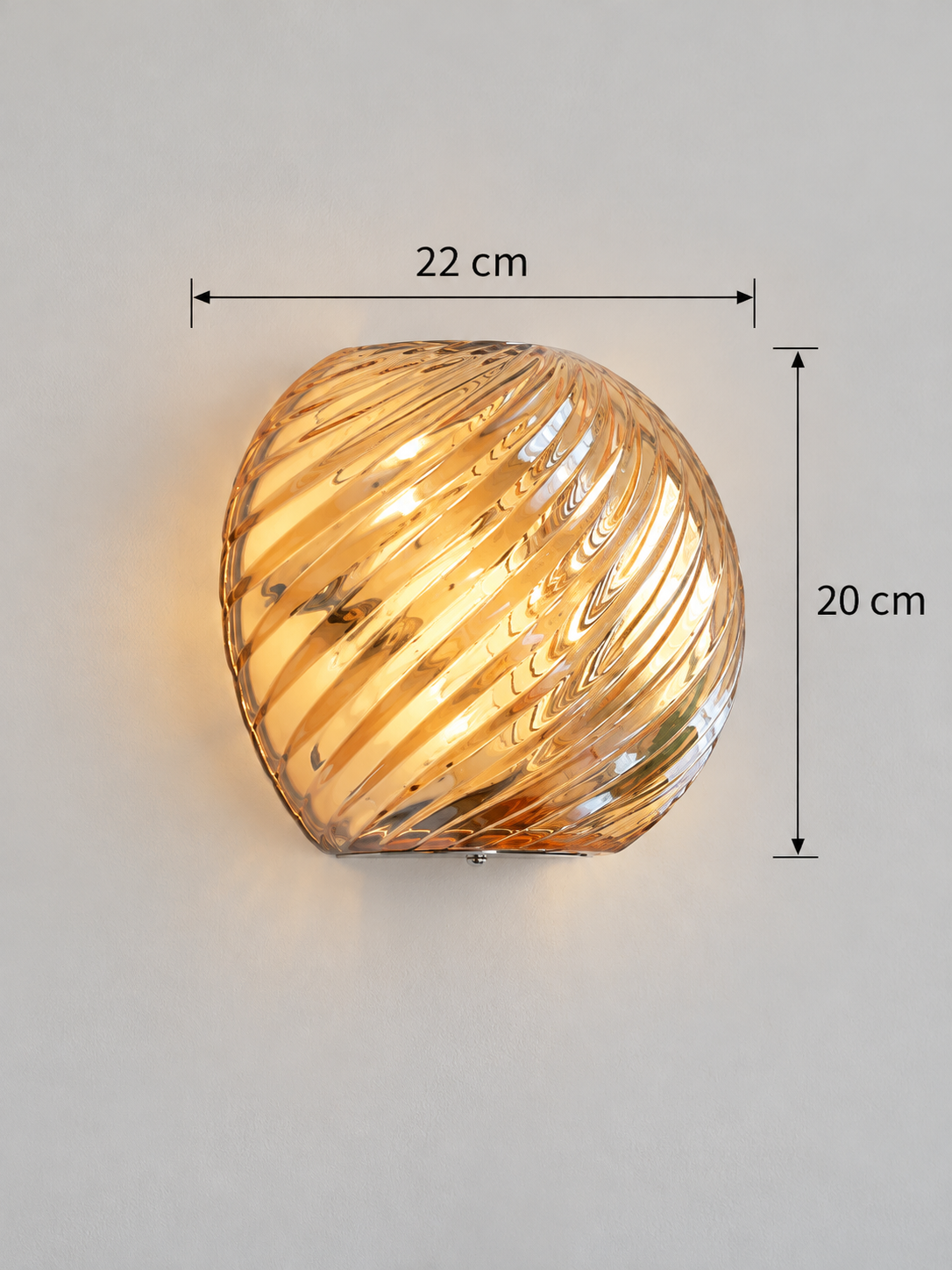 Spiral glass wall sconce dimensions: 22 cm width and 20 cm height