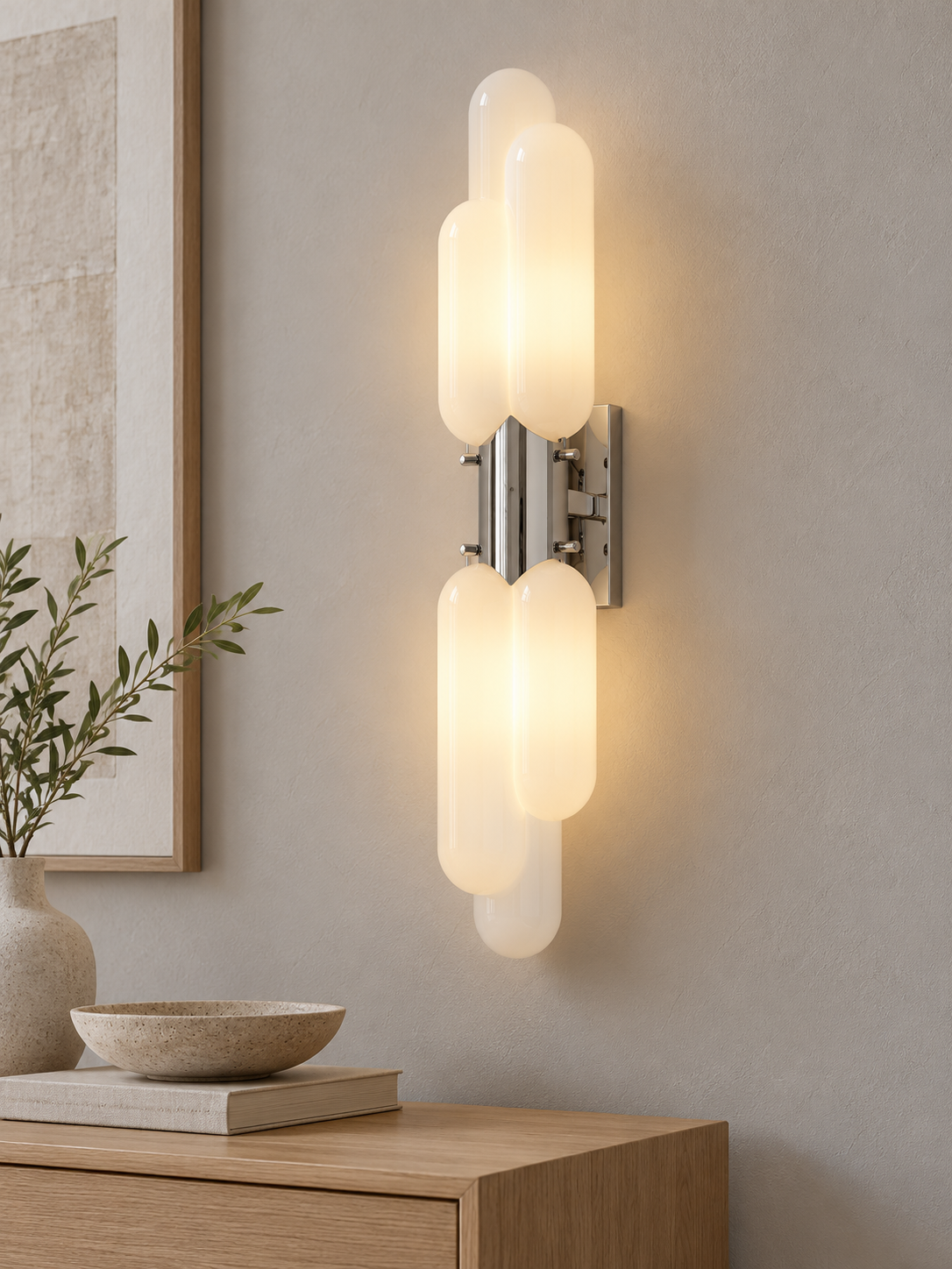 Tiered opal glass wall sconce in Chrome above a pale oak console