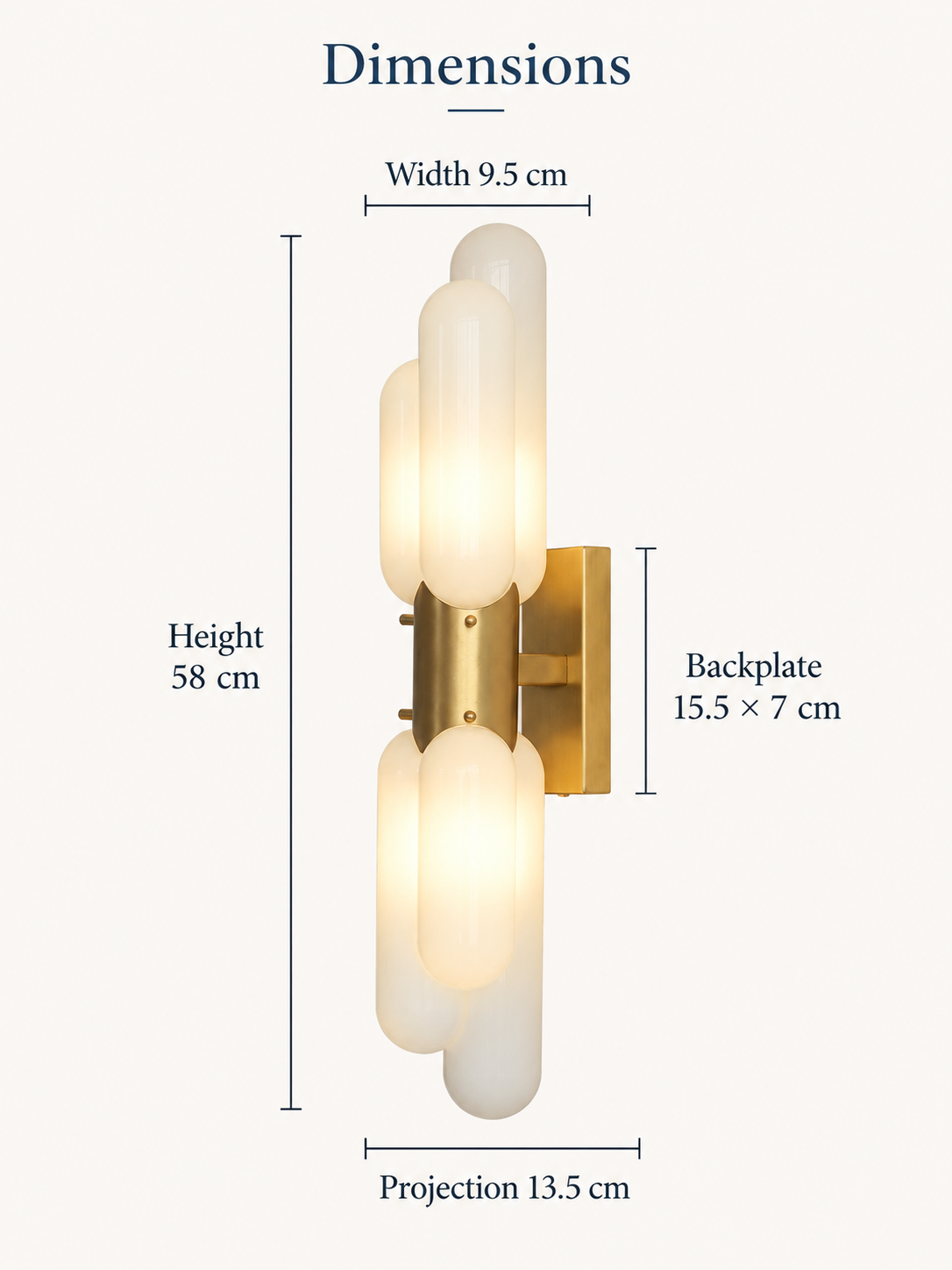 MB4795 dimensions: height 58 cm, width 9.5 cm, projection 13.5 cm and backplate 15.5 by 7 cm