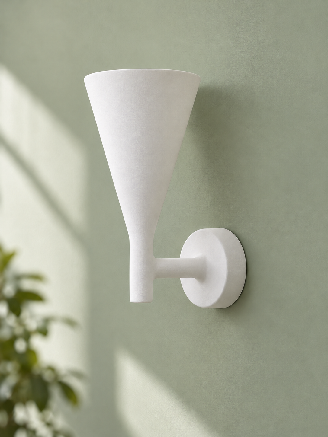 White plaster cone wall sconce on sage green wall