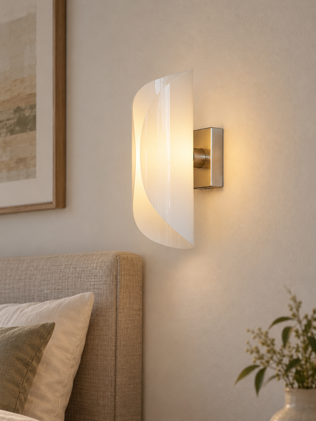 Opal Fold white glass wall sconce in a warm bedroom