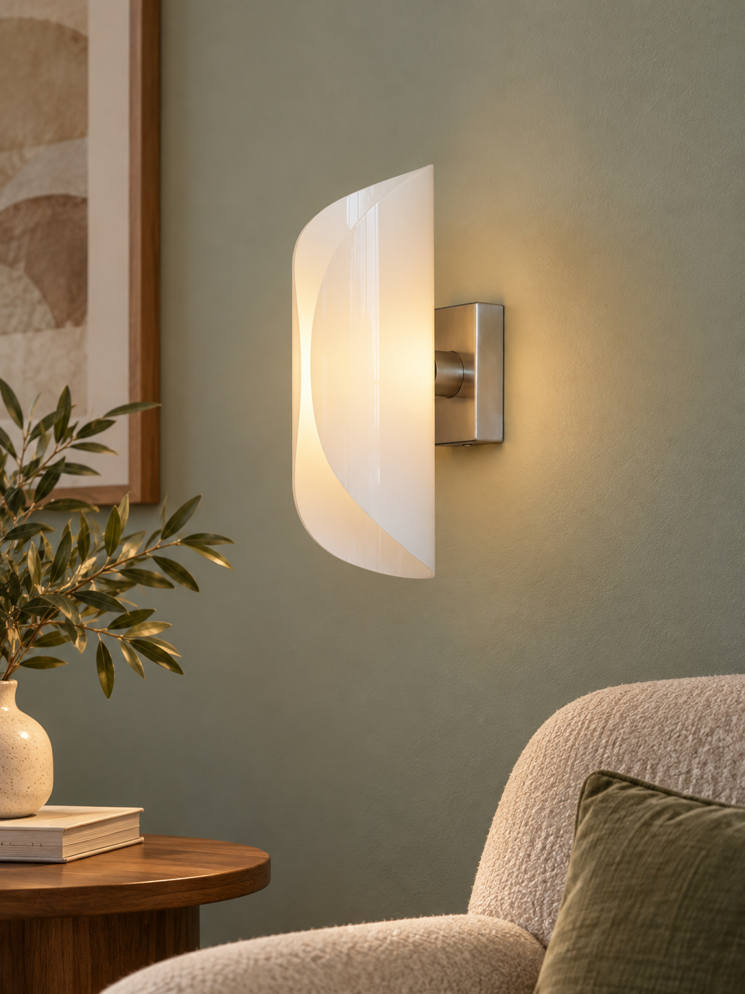 Opal Fold wall light on sage green wall