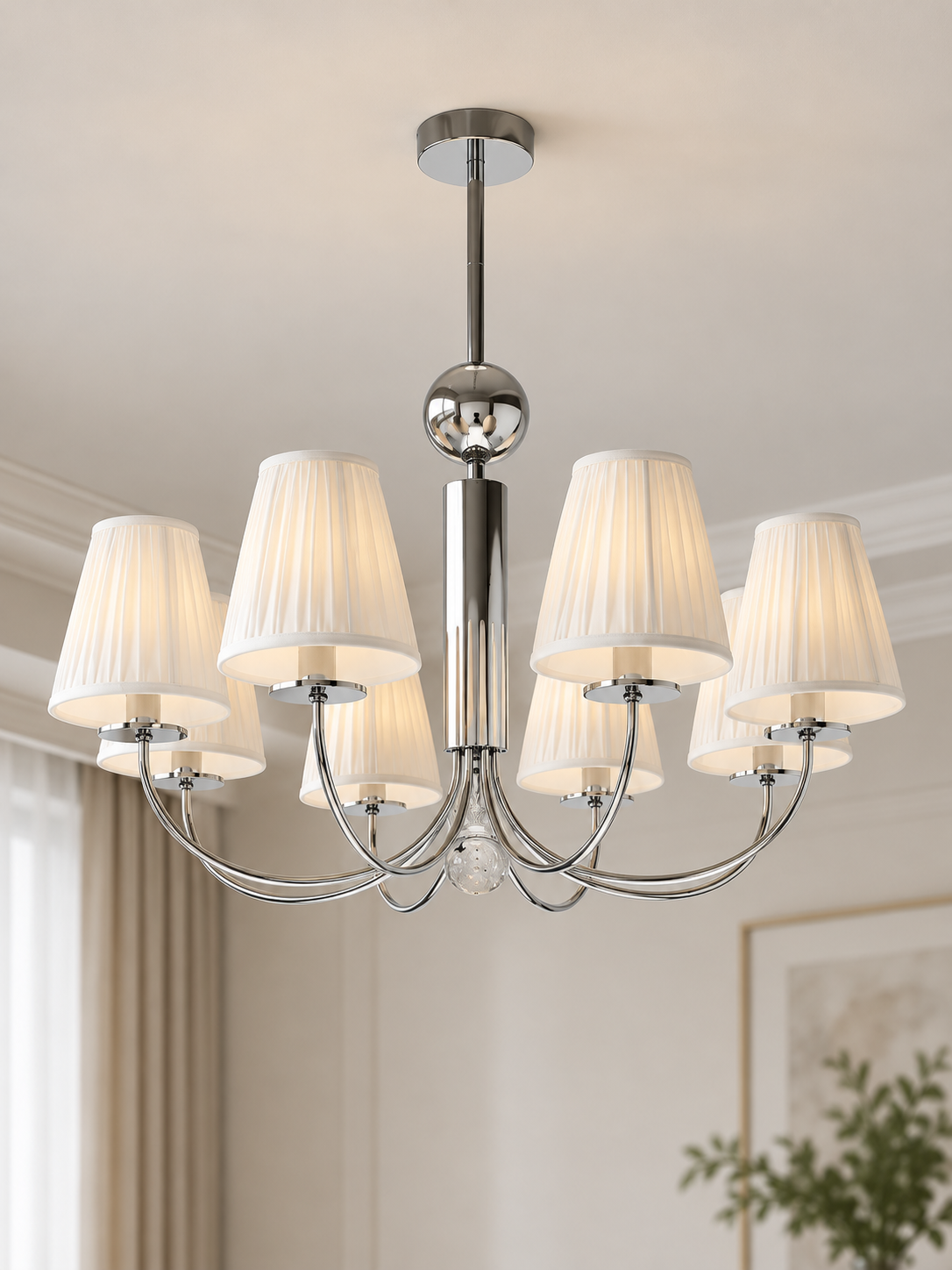Eight-light chrome chandelier with white pleated shades