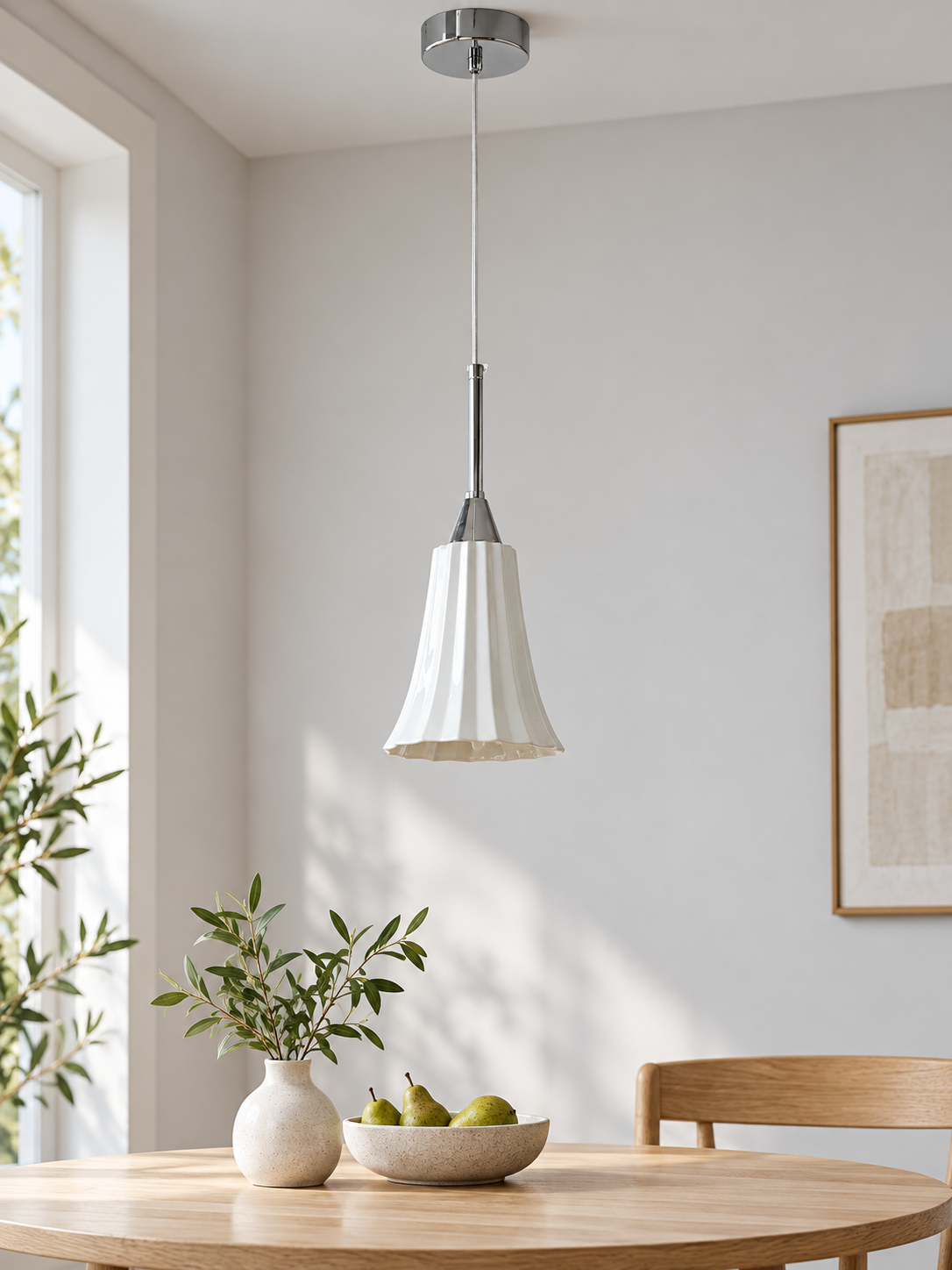 Fluted Ceramic Mini Pendant in Chrome and White above an oak breakfast table