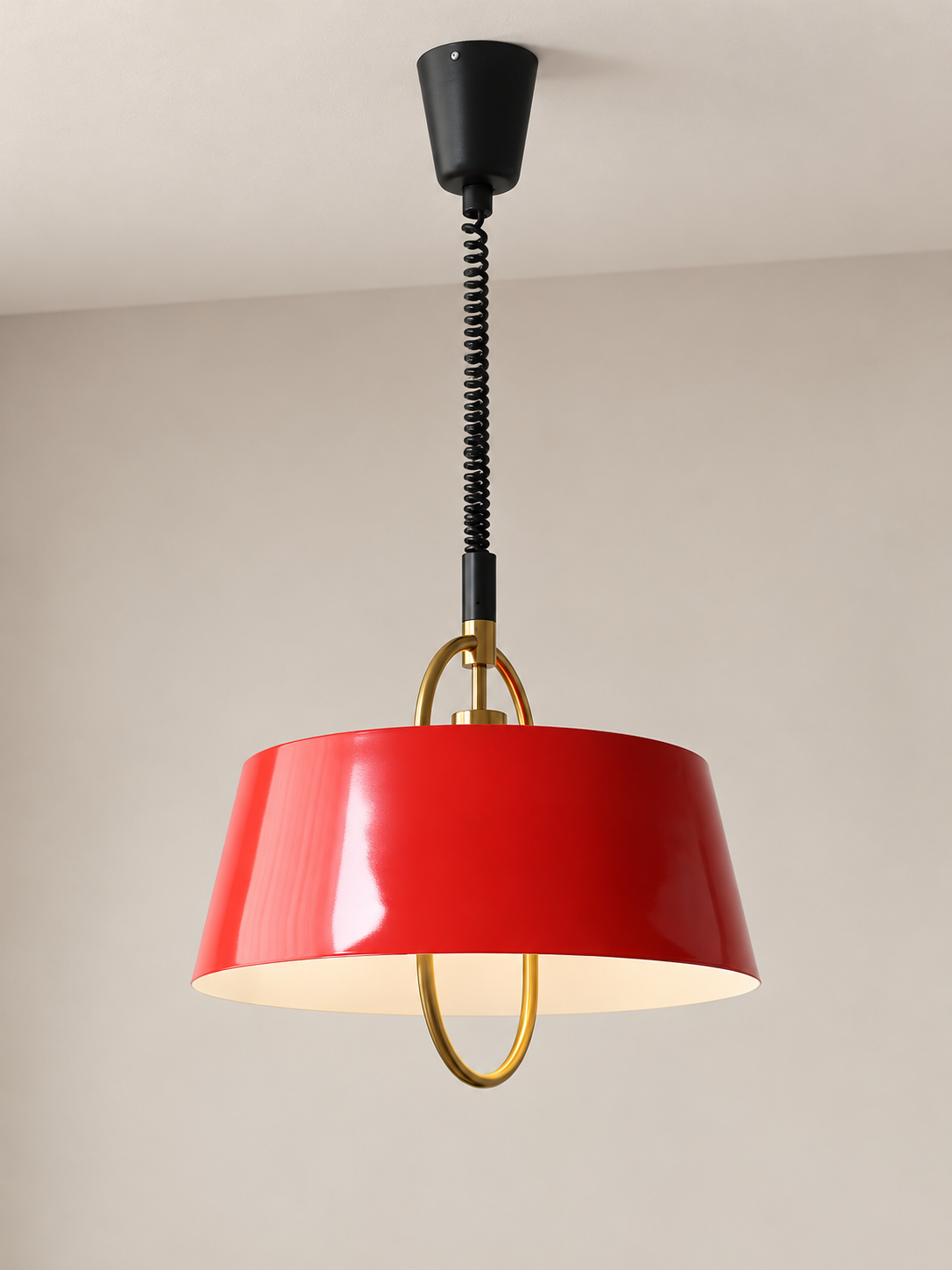 Red drum pendant with black coiled cord and canopy