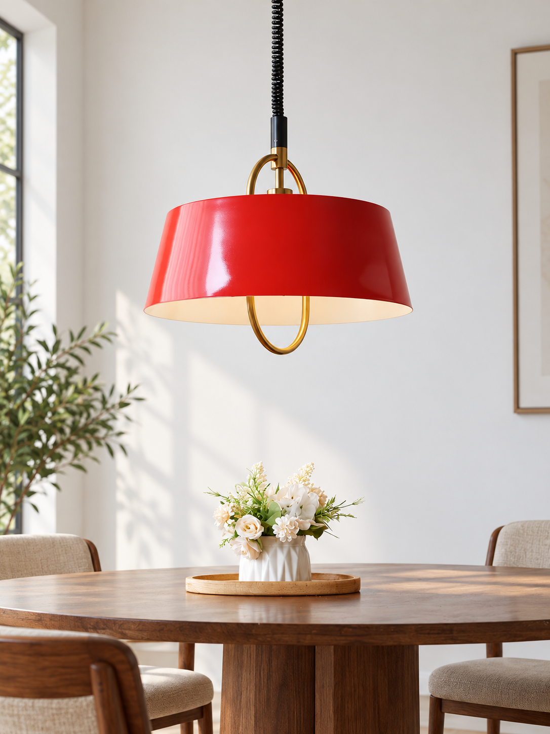 Red oval-loop pendant in dining room